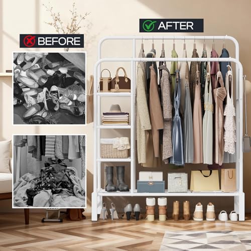 Clothes Rack for Hanging Clothes, Clothing Rack with shelves, White | Double Clothing Rack with 3 Tier Storage Shelves, Multifunctional Heavy Duty Garment Rack for Bedroom Laundry Wardrobe Closet - color: White