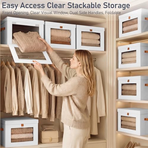 DIMJ Storage Bins with Lids - 6 Pack Front Opening Stackable Fabric Storage Boxes with Clear Window & Handles, Collapsible Closet Organizers for Clothes, Sweaters, Shelf Storage, Bedroom, White - color: White, size: Medium-6 Pack