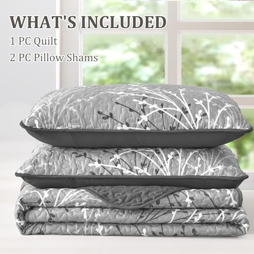 DJY Grey Quilt Set Queen Size - Branch Botanical Bedspread Coverlet Set | 3 Pieces Gray Floral Quilt Bedding Set, Soft Lightweight Microfiber Reversible Summer Quilt Set, 96''x90'' - color: Grey, size: Queen
