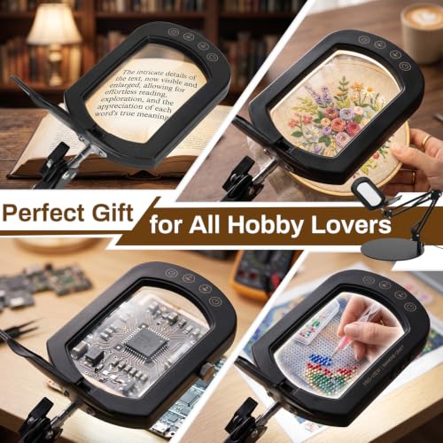 12X Magnifying Glass with Light, 3-in-1 LED Desk Lamp with Base Clamp & Floor Stand, 5 Color Modes Stepless Dimmable LED, Hands Free Magnifier for Reading, Crafts, Painting, Close Work