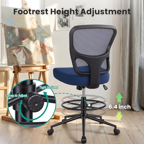 Armless Drafting Chair Tall Office Chair for Standing Desk - Adjustable Height Mesh Ergonomic Drafting Stool with Foot Ring & Wheels, Rolling Counter Height Computer Chair for Home Office - color: Deep Blue