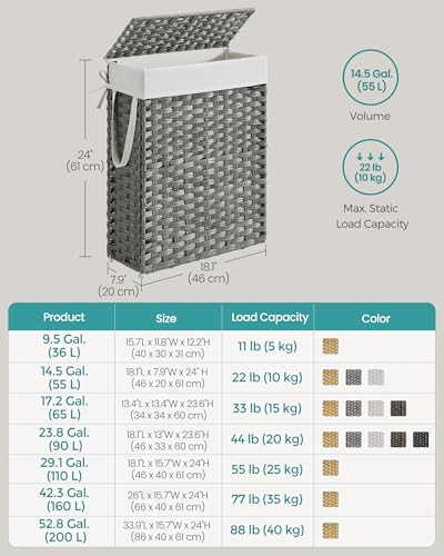 SONGMICS Laundry Hamper with Lid, 14.5 Gal (55 L) Synthetic Rattan,Foldable | Clothes Laundry Basket with Handles, Removable Liner, Dove Gray, ELIOTT Collection ULCB164G01 - color: Dove Gray, size: 55 L