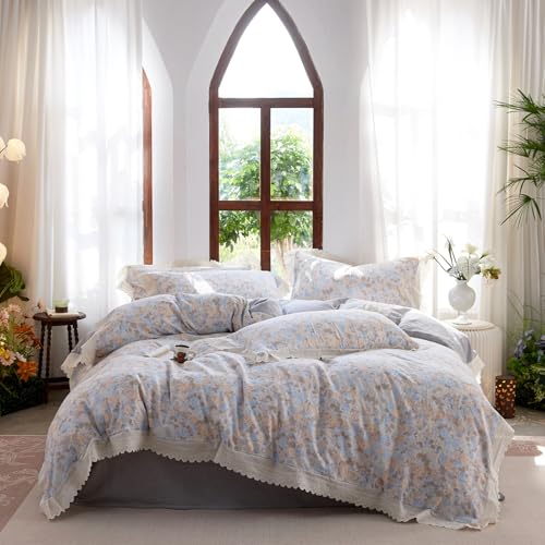 Blue Floral Full Size Duvet Cover Cotton Ruffle Full Comforter Cover Double Gauze Soft Lace Trim Boho Duvet Cover Set with Zipper Farmhouse Lightweight Bedding Set Pattern Duvet Protector - color: C Floral14, size: Full(Duvet Cover and 2 Pillows Sham)