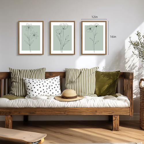 LERVR Wood Framed Minimalist Botanical Wall Art Set of 3, Modern Line Flower Art Prints, Sage Green Botanical Wall Decor, Neutral Floral Artworks for Living Room Bedroom Bathroom 16x24 Inch - color: GreenStriped, size: 24"L x 16"W