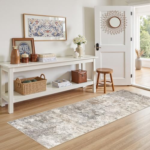 UERMEI 2x6 Washable Runner Rug for Hallway, Non Slip Low Pile Kitchen Carpet, Neutral Modern Abstract Indoor Floor Mat for Entryway Laundry, Kid & Pet Safe High Traffic Area, Brown Grey - color: Brown Grey, size: 2' x 6' (Runner)