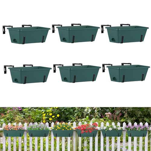 ETELI 6 Pack Deck Railing Planter Boxes Metal Hanging Window Boxes Planters | Green & Black, Indoor Outdoor, with Adjustable Hanging Brackets and Drainage Tray, for Patio Lawn - color: Green & Black