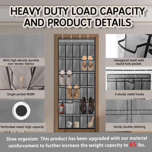 Kotkn Over the Door Shoe Organizer with 30 Breathable Mesh Pockets - Large Capacity Closet Storage for Men & Women, Hanging Shoe Rack Organizer (Gray) - color: Gray