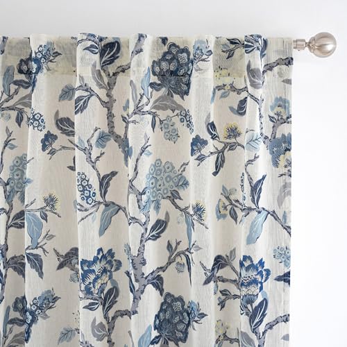 DriftAway Ada Floral Botanical Print Flower Leaf Lined Thermal Insulated Room Darkening Linen Blend 100% Blackout Back Tab Window Curtains 2 Layers Set of 2 Panels Each 52 Inch by 63 Inch Navy - color: Navy-back Tab, size: 52"W x 63"L (Pack of 2)
