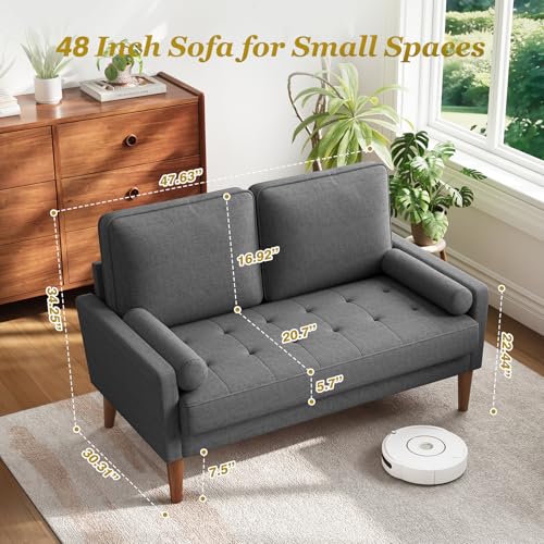 Vesgantti 48" Loveseat Sofa, Small Couch with Solid Wood Legs | Small Couch for Small Spaces, Mid Century Modern Loveseat, Easy Assembly Sofa for Living Room, Bedroom, Grey - color: Grey
