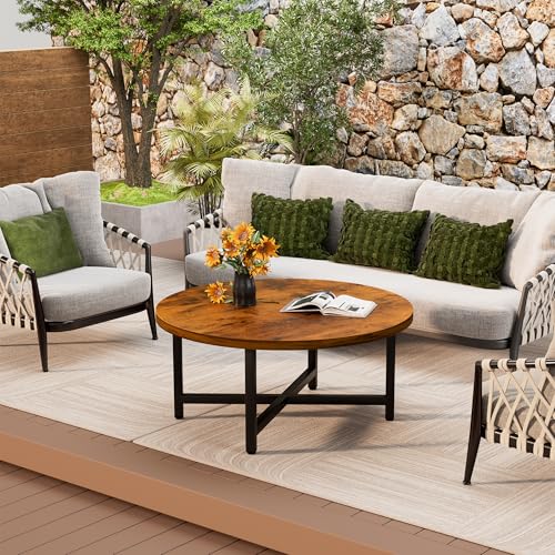 Round Coffee Table, 31.5" Brown Coffee Table, Coffee Tables for Living Room | Circle Wooden Coffee Table, Large Modern Center Table with Metal Frame for Office Apartment Home Small Space - color: 31.5"d Round Brown