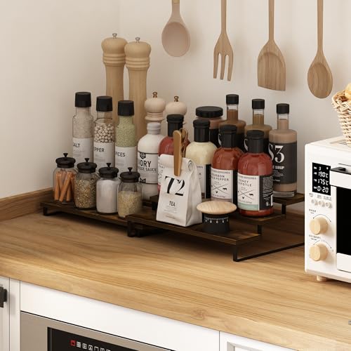 Furinno RAVEL Kitchen Countertop Organizer Set of 2, 3-Tier Counter Shelves, Kitchen Storage, Expandable, Spice Rack, for Pantry, Coffee Bar, Amber Pine - color: Amber Pine/Black, size: 3-Tier, Nestable
