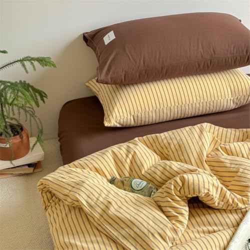 Striped Duvet Cover Queen Yellow Bedding Set with Brown Stripes | Soft Lightweight Microfiber Duvet Cover Set 3 Pieces Striped Quilt Cover with 2 Pillowcases, Zip Closure, No Insert - color: Brown Striped, size: Queen (1 Duvet Cover + 2 Pillowcases)