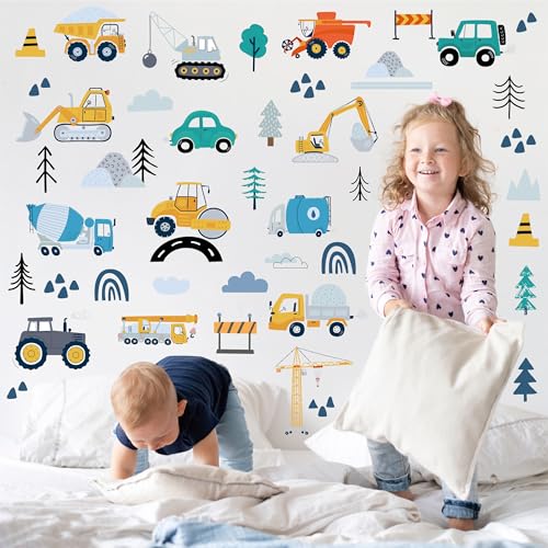 AOWDIAO Construction Vehicle Wall Decals – 90Pcs Reusable Peel and Stick Vinyl Stickers for Kids’ Room, Nursery & Playroom – Removable Truck Decoration for Boys & Toddlers - style: Construction Vehicle