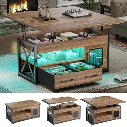 Itaar 40" Lift Top Coffee Table with Storage for Living Room, 4 in 1 Table | Walnut LED Expandable Coffee Table with 2 Fabric Drawers & LED Light & Hidden Compartmen for Dining Living Room Table - color: Walnut