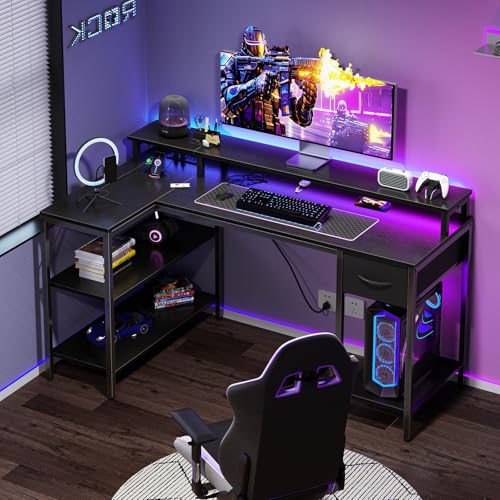 DUMOS Gaming Desk, Monitor Stand, LED Lights, Storage Shelves | USB Charging Ports, Power Outlets, Reversible L Shaped Corner, Small Spaces, Black - color: Black, size: 31.5‘’x 31.8'' x 47''