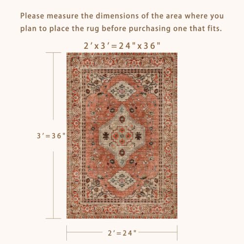 Boho Small Area Rug, 2x3 Washable Rug for Entryway, Vintage Throw Rug Oriental Non Slip Indoor Front Door, Distressed Terracotta Door Mat Carpet, Soft Low Pile Rugs for Entrance Kitchen Bedroom - color: Terracotta/Tan, size: 2' X 3' (Rectangular)