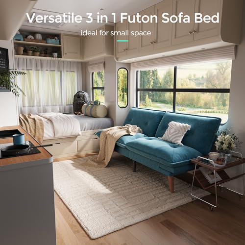 LINSY HOME Futon Sofa Bed, 70" Chenille Futon Couch with Adjustable Backrest Armrest, 3 in 1 Convertible Comfy Loveseat Sleeper Sofa Bed for Small Spaces Dorm Room Apartment Home Office, Blue