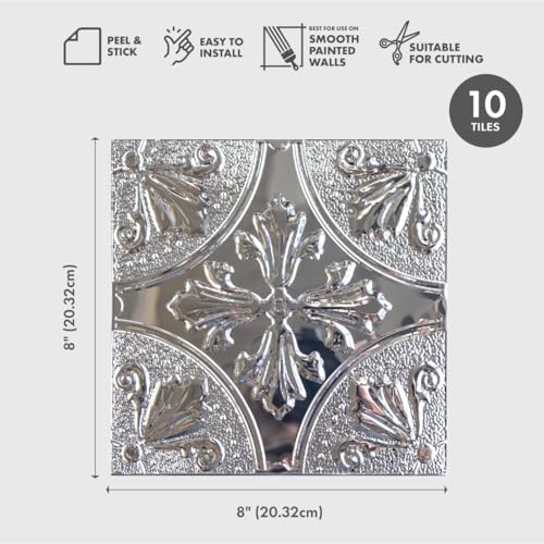 Peel and Stick Metal Backsplash Tiles, Silver Fleur, 10-Pack | 8 x 8 in tile size; Covers up to 4.44 sq ft; Aluminum; Water-resistant surface; For kitchens, ceilings, DIY projects - style: Silver Fleur