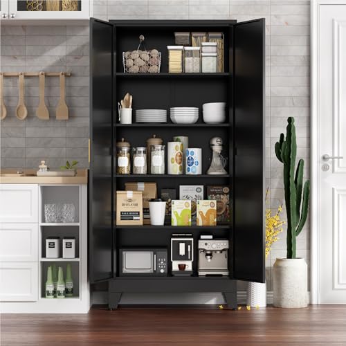 Farmhouse Pantry Cabinet with Barn Doors, 71" H x 31.5" W, 5-Tier Metal Storage Cabinet with 4 Adjustable Shelves for Kitchen Garage Dining Room, Black 1 Pack - color: Black, size: 15.8"D x 31.5"W x 71"H-1