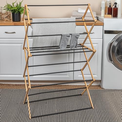 Household Essentials Bamboo Folding Clothes Drying Rack | Large Capacity, 14 Coated Metal Dowels, 28 Feet of Drying Space | Eco-Friendly, Collapsible Indoor Rack for Apartments, Homes & Dorms - color: Natural/Black