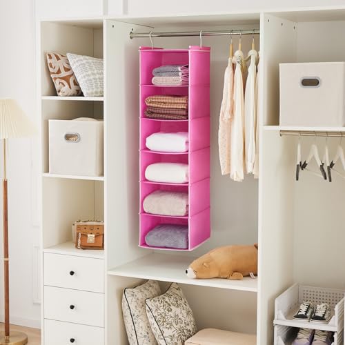 MAX Houser 6-Shelf Hanging Closet Organizer with 2 Sturdy Hooks, Pink | Dorm Room Essentials with 2 sturdy hooks, foldable lightweight fabric closet storage, space-saving design for Bedroom - color: Pink