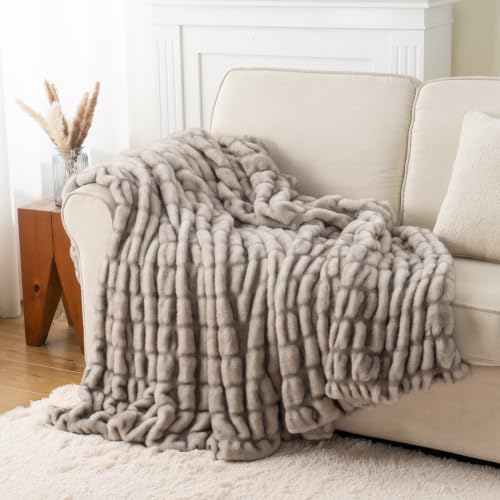 Battilo Grey Faux Fur Throw Blanket for Couch, 50"x60", Ruched Fur Blanket | Faux Fur Blanket with Grey Tip, Soft Warm Plush Minky Fluffy Cozy Faux Fur Blanket For Bed, Sofa Living Room - color: Dark Grey Tip, size: 50"x60"