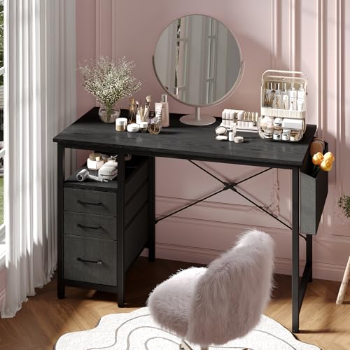 DUMOS 39 Inch Small Computer Desk with Storage, Fabric Drawers | Writing Table, Side Pocket, Space Saving Workstation, Home Office, Gaming Setup, Dorm Apartment, Black