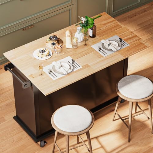 Kitchen Island with Drop Leaf, Rolling Mobile Kitchen Island on Wheels with Drawer and Storage Cabinet, Spice Rack, Towel Bar, Black - size: 51.2" W, style: Black