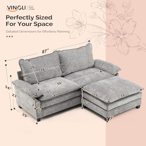 VINGLI 221cm(87인치) 컨버터블 섹션 소파, 거실용 L자형 딥 시트 소파 소파, 작은 공간을 위한 오토만 포함 모던 2인용 2인용 소파 (라이트 그레이) - color: 셔닐 라이트 그레이, size: 2-seaters-1-Ottoman