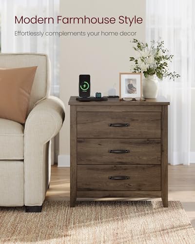 VASAGLE LIRY Collection - Farmhouse Nightstand with Charging Station, Bedside Table, Side End Table with 3 Drawers, for Bedroom, Taupe Brown ULET679T01 - color: Taupe Brown, size: 1 PACK, style: 23.6"W x 24.8"H With 3 Drawers