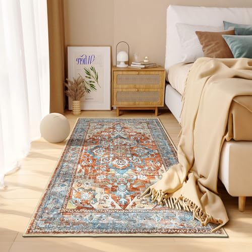 Bsmathom Area Rugs for Living Room 3x5 Non Slip Machine Washable Vintage Boho Throw Rugs Low Pile Indoor Entry Way Floor Carpet for Bedroom, Dining Room - color: Brown Red, size: 3' x 5' (Rectangular)