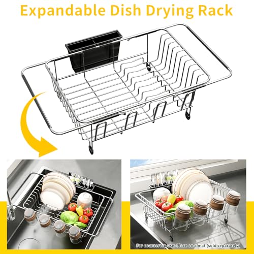 Expandable Over The Sink Dish Drying Rack - Adjustable Stainless Steel Dish Rack for Kitchen Counter or In-Sink, Heavy-Duty Rust-Proof Space Saving Drainer with Utensil Holder (15.5" to 23.2")