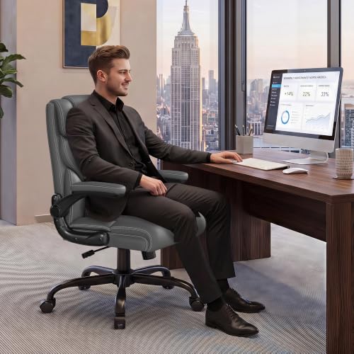 Office Chair, Executive Mid-Back Computer Desk Chair with Flip-up Armrests | 300 Lbs Ergonomic Leather Swivel PC Chair with Rock Function for Working Studying (Gray) - color: Grey