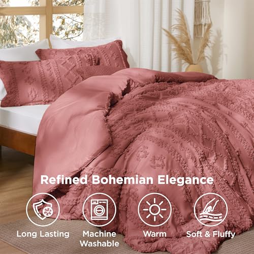 Bedsure Tufted Boho Comforter Set Twin Size - Grayish Pink Boho Bed Set, GentleSoft™ 2 Pieces Farmhouse-Style Embroidery Bedding, Gifts for Woman, Soft Jacquard Kids' Twin Comforter for All Seasons - color: 25 - Pink Clay - Elegant, size: Twin/Twin XL