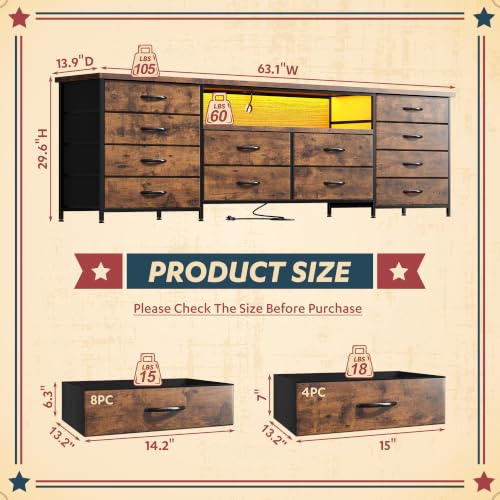 Romorgniz 63" W Dresser for Bedroom, Long Dresser with 12 Fabric Drawers | LED Dresser TV Stand with Power Outlets for 65,70 Inch TVs,Storage Entertainment Center with 2 Wood Shelve,Brown Wood Grain - color: Rustic Brown