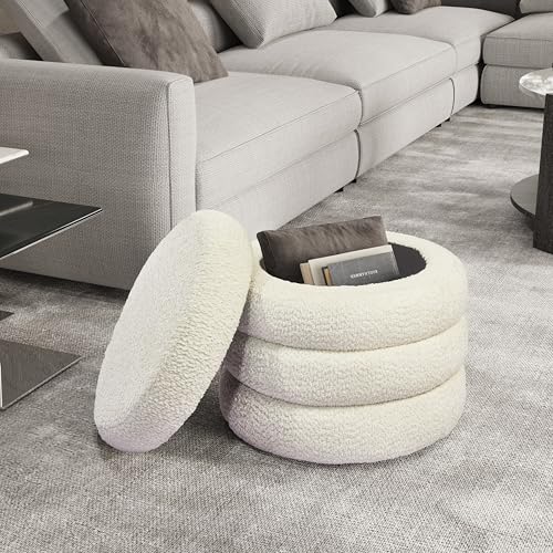 allamazing Storage Ottoman, Round Ottoman with Storage, Vanity Stool Foot Rest with Removable Lid, Round Boucle Upholstered for Living Room Pouf Footstool - color: Off White