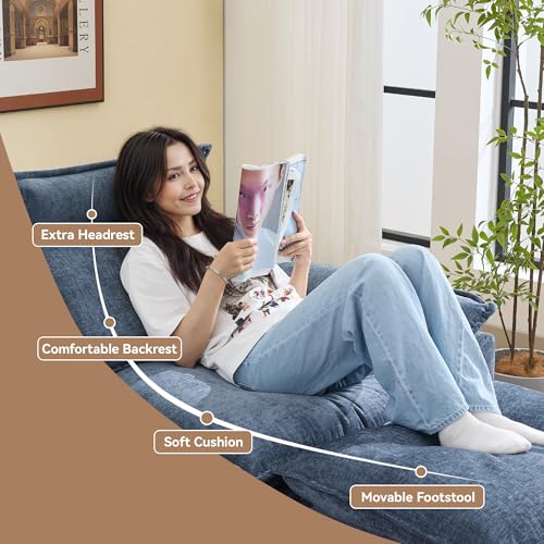 46''Cloud Oversized Sofa Chair with Detachable Headrest, Upholstered Comfy Arm Accent Chair with Ottoman,Modern Chenille Reading Lounge Armchair for Living Room,Bedroom, Blue - color: Blue, size: Oversized Chair with Ottoman