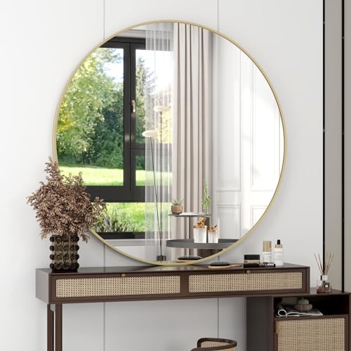 42 Inch Round Bathroom Mirror - Gold Wall Mounted Circle Mirror with Metal Frame, Modern Round Hanging Mirror Suitable for Bathroom, Vanity, Entryway, Living Room - color: Gold, size: 42"L x 42"W