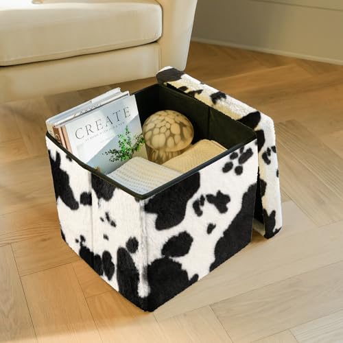Luxe Faux Fur Storage Ottoman, Cowhide Black/White, 15 x 15 x 15 in | Engineered Wood, Tool-Free Assembly, Modern Style, Seat And Footrest - color: Cowhide Black/White, size: 15"D x 15"W x 15"H