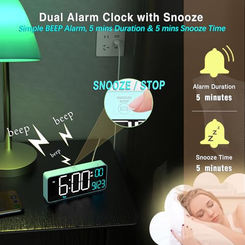 Digital Alarm Clock for Bedroom, 6.7in Desk Clock LED, Auto Dimming, Room Temperature, Day of The Week, Date, Seconds, Clocks for Living Room, Alarm Clocks for Bedrooms - color: Blue (White + Blue Digits)