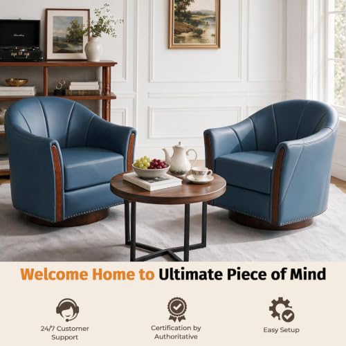 360° Swivel Accent Chair, Faux Leather Swivel Barrel Chairs | Nailhead Trim & Wood Base, Round Armchair Club Chair, Modern Reading Chairs for Living Room (BX01, Wood Blue) - color: Wood Blue