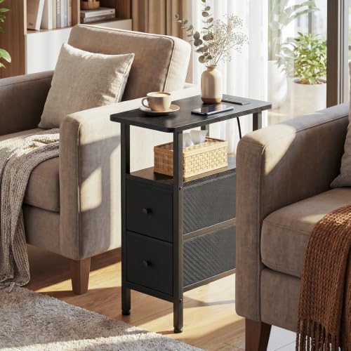 Narrow End Table with Charging Station, Small Nightstand | Skinny Side Tables Living Room with 2 Fabric Drawers, Slim Bedside Table for Bedroom, Small Spaces, Couch, Black - color: Black, size: 23.22''H (2 Drawers), style: Power