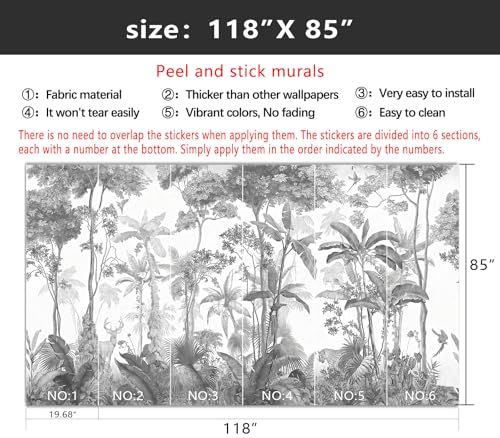 YIHWM-Peel and Stick Tropical Rainforest Wallpaper Grey Jungle Plants Mural | Tear-resistant,with a substantial feel;Will not be damaged during repositioning.Bathroom,Bedroom wallpaper.M-118"x85" - color: Yh14, size: 118"x85"