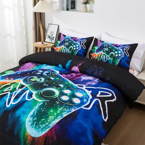 Aimuan Gamer Gaming Bedding Sets 3D Gamepad Comforter Sets for Boys Games Console Action Buttons Novelty Colorful Game Controller Modern Room Decor Home Quilt Set (Black-Green, Twin) - color: Black-green, size: Twin