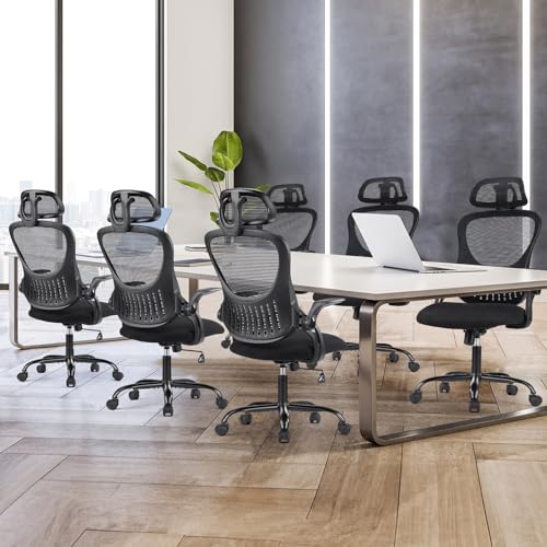 Sweetcrispy Computer Desk Chair, Mesh Office Chair with Lumbar Support | Ergonomic High-Back, Rolling Work, Adjustable Headrests, Flip-up Arms, Home Bedroom Study, Black - color: Black, style: Flip-up Armrest
