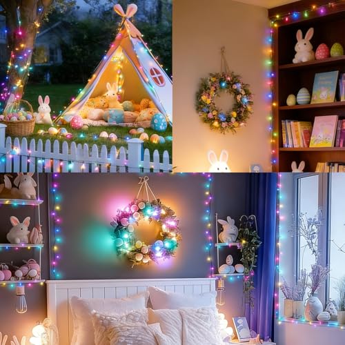 34.1FT 100 LED Multi-Colored Easter String Lights, Battery Operated 8 Modes Twinkle Lights Waterproof Easter Outdoor Indoor Decorations, Tree Lights for Spring Yard Home Wedding - color: Multicolor-Green wire, size: 100 LED