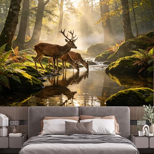 Custom Size Wall Murals Forest Landscape Deer Creek Morning Light Water Reflection SelfAdhesive Wall Fabric Removable Large Wallpaper for Photo Living Room