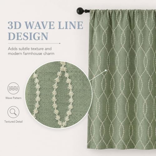 Chyhomenyc Short Curtains Tiers 30 Inch Length, 2 Packs | Light Filtering Faux Linen Half Window Cafe Curtains for Bathroom Laundry, Each 26Wx30L, Green with Beige 3D Wave Line - color: Green With Beige, size: 26"W x 30"L (Pack of 2)