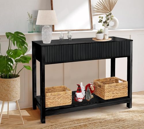 Fluted Console Table, Long Console Tables for Entryway 48" Vanity Desk, Black Boho Entry Table Narrow Modern Hallway Table Modern Sofa Table for Living Room - color: Black-4 Legs