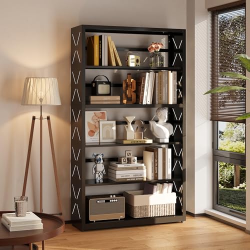 SteeLoong 5 Tier Bookcase,Metal Bookshelf with Adjustable Feet & Shelves | 55"H White Book Shelf with Bookends ,Tall Bookcase for books & decor,Modern Open storage shelves for Office,Kitchen,Garage - color: Black, size: 5-Tier 31"W